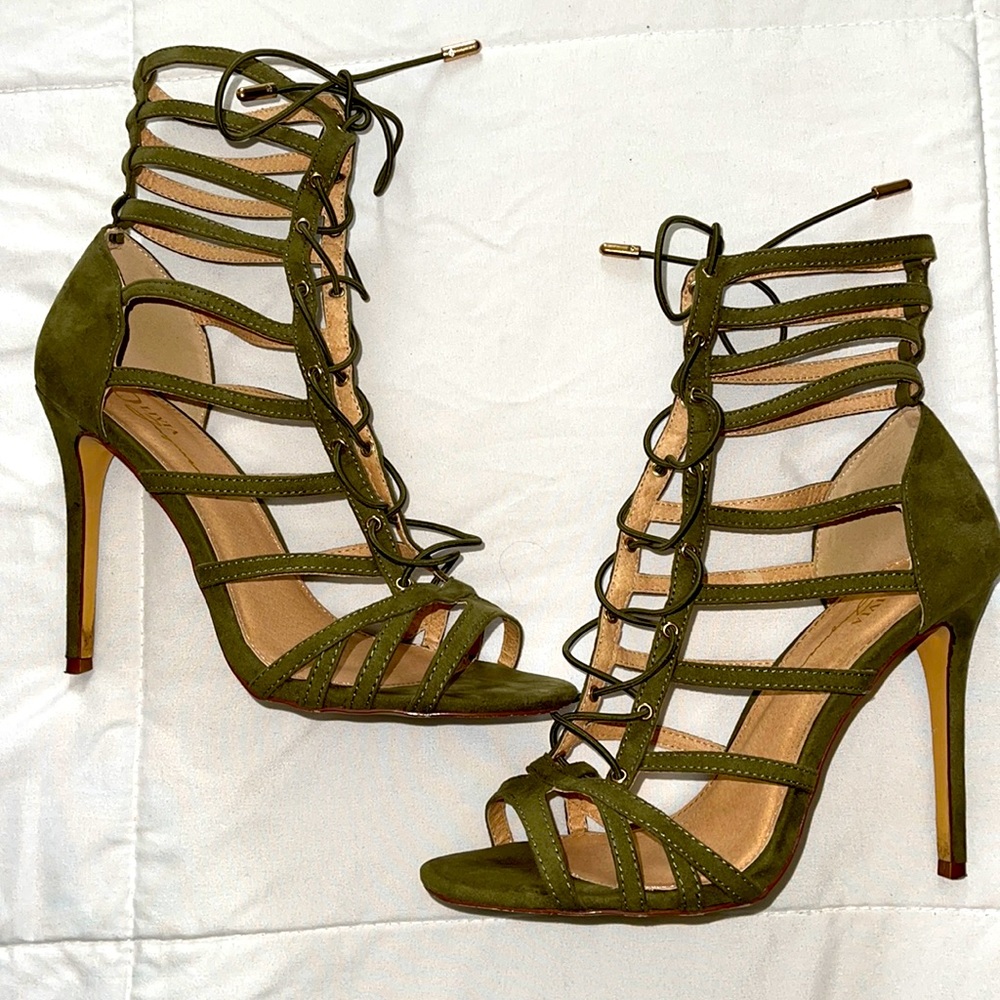 Like new Olivia green suede gladiator heels size 8